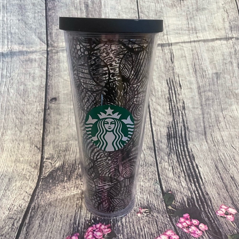 HTF Starbucks Black Line Swirls Circles Tumbler Cold Cup 24oz With Lid NO Straw
